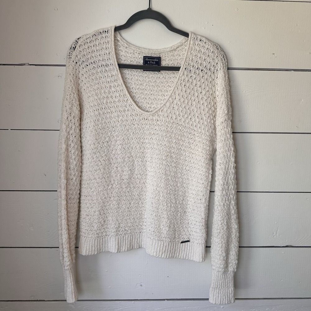 Abercrombie Fitch Y2K Cream Long Sleeve V Neck Open Knit Sweater Beach